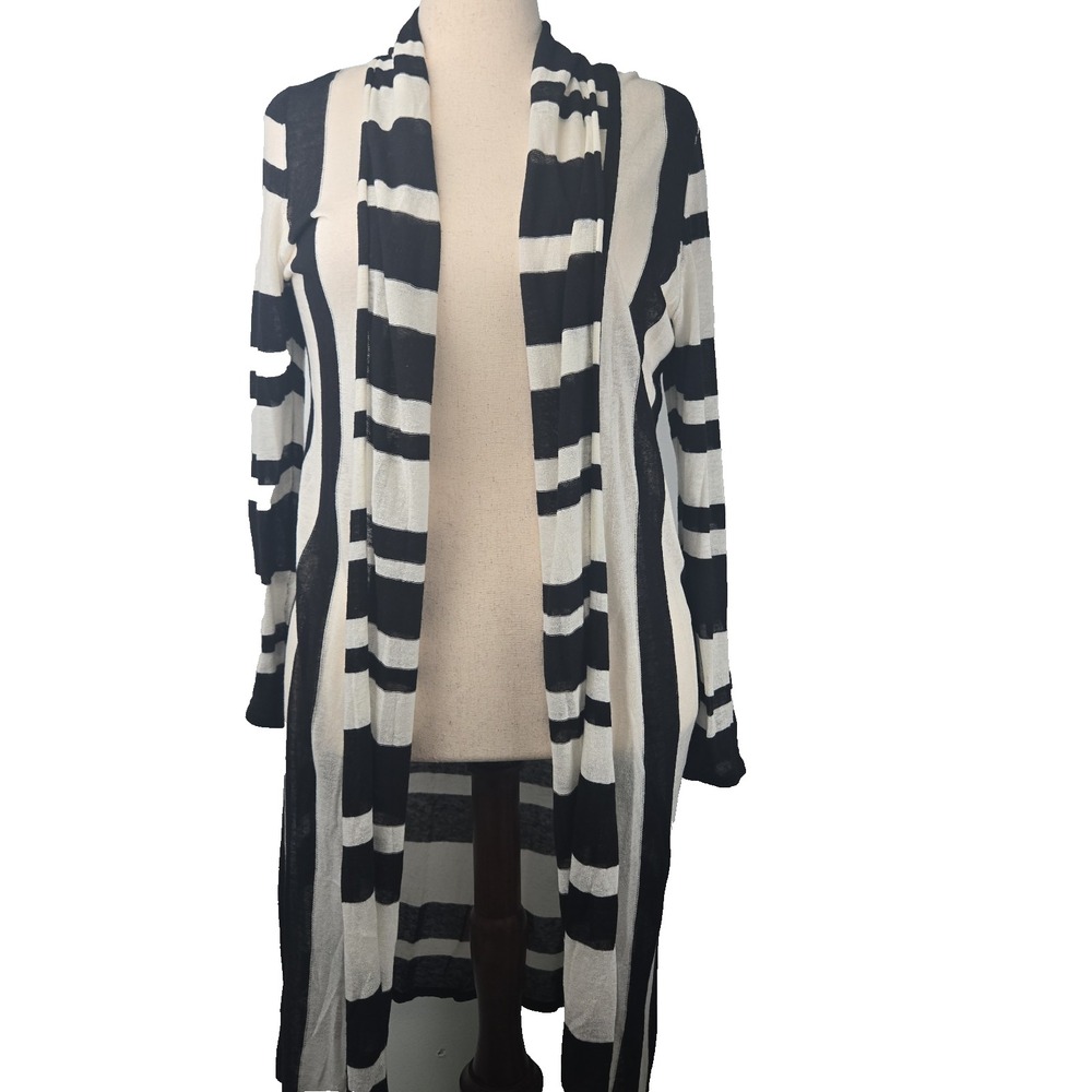 Chico's Size 2 Black & White Striped Linen Rayon Open Front Duster Sweater